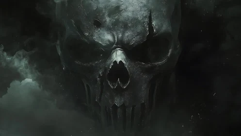 Smoky metallic skull emerges from shadowed void. Period.