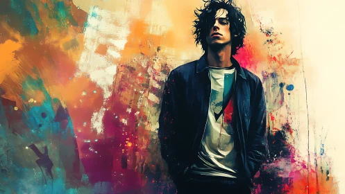 Moody youth before vivid abstract brushwork color field