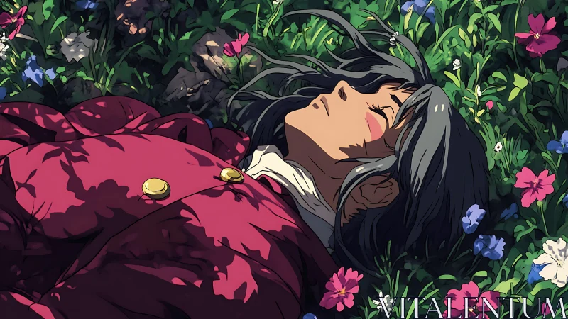 Person lying in flower field with closed eyes, side view.