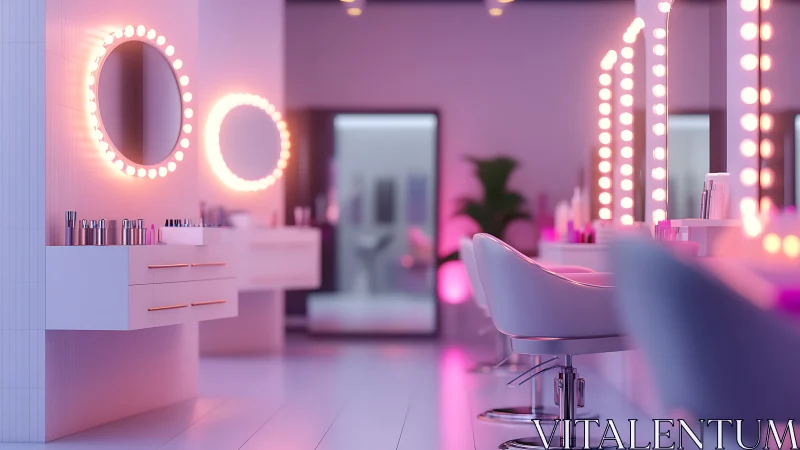 Modern beauty salon interior uses pink vanity lighting