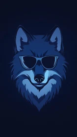 Wolf head wears sunglasses in stylized blue vector illustration