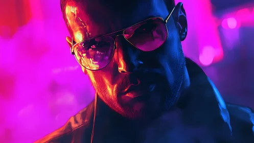Male portrait in neon-lit environment with reflective glasses.
