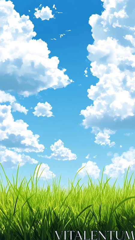 Vibrant grassland under deep blue sky with cumulus formations