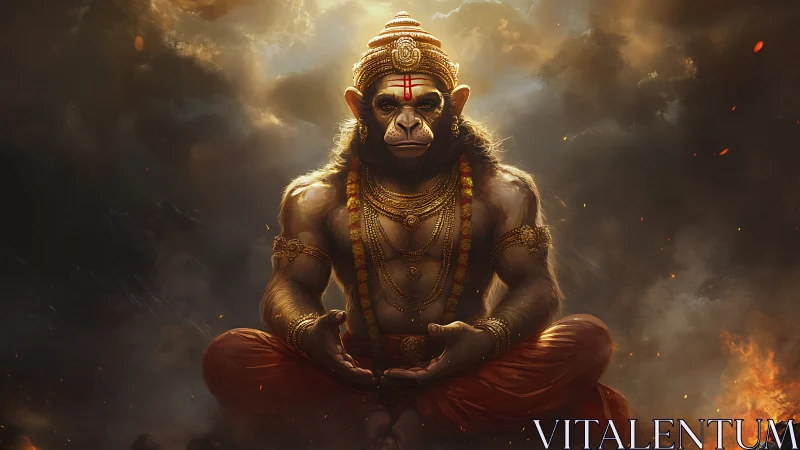 Simian sage of embers meditates within stormlit clouds