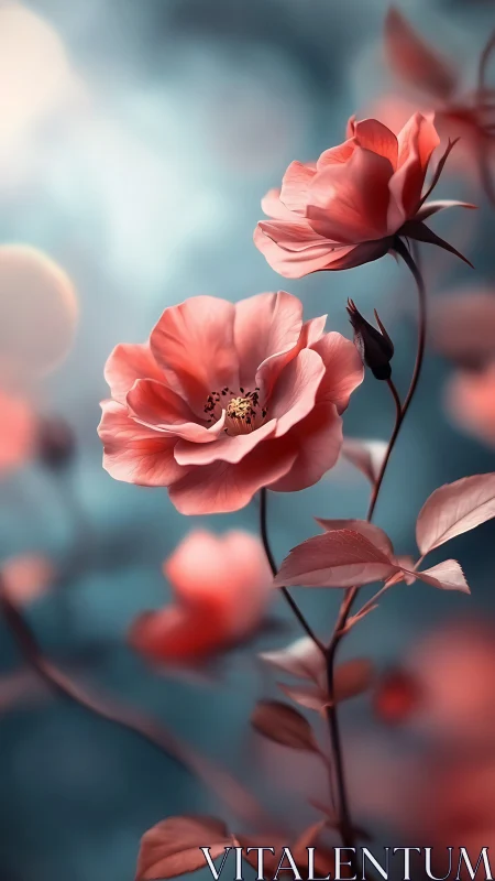 Soft Coral Roses Glowing in Dreamy Blue Light.