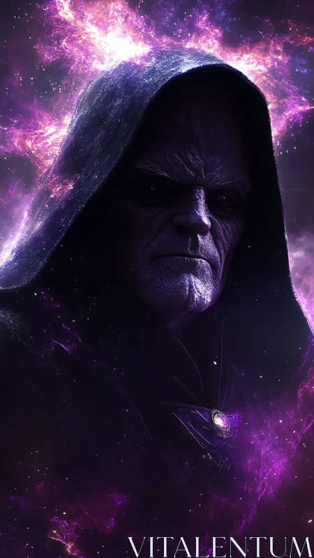 Hooded cosmic warlord rendered with high contrast nebular lighting