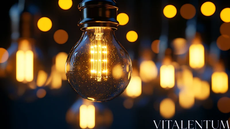 Edison bulb close-up with warm bokeh illumination background.