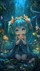 Forest spirit girl in luminous blue fairy streamscape.