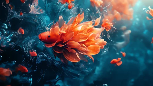 Luminous petal-finned goldfish drifting through liquid starlight.