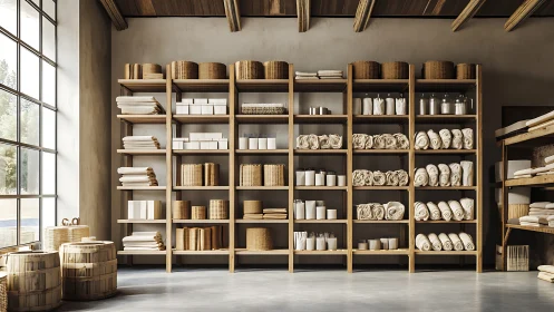 Sunlit spa shelves lined with baskets, bottles and soft towels.