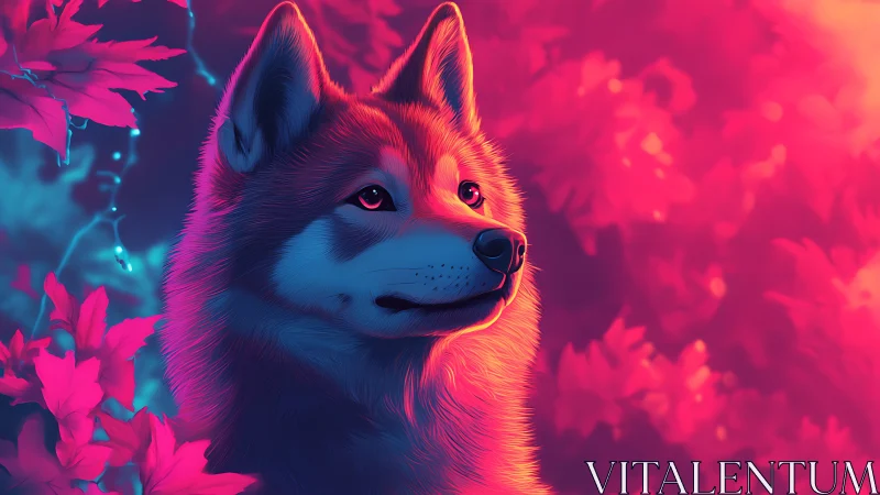 Canine portrait in neon-toned foliage environment.