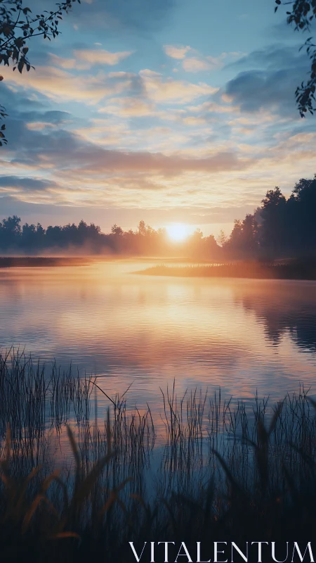 Golden sunrise mirrors across tranquil misty lake surface.