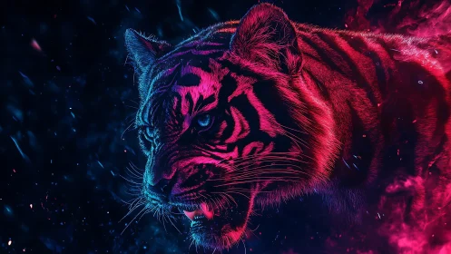 Electric neon tiger prowls through glowing cosmic shadows