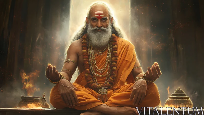 Enlightened sage meditates in a glowing temple of fire