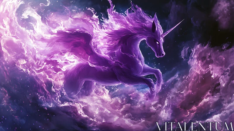 Luminous violet nebula unicorn rendered in dynamic astral clouds
