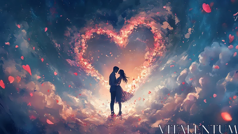 Silhouetted Couple Embracing Within Luminescent Heart Formation.