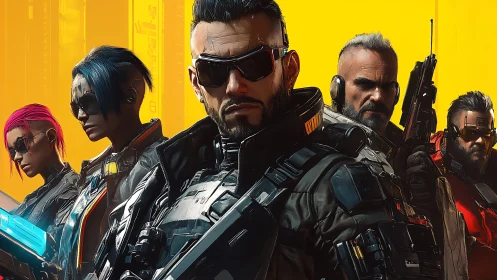 Cyberpunk tactical squad portrait with neon contrast framing.