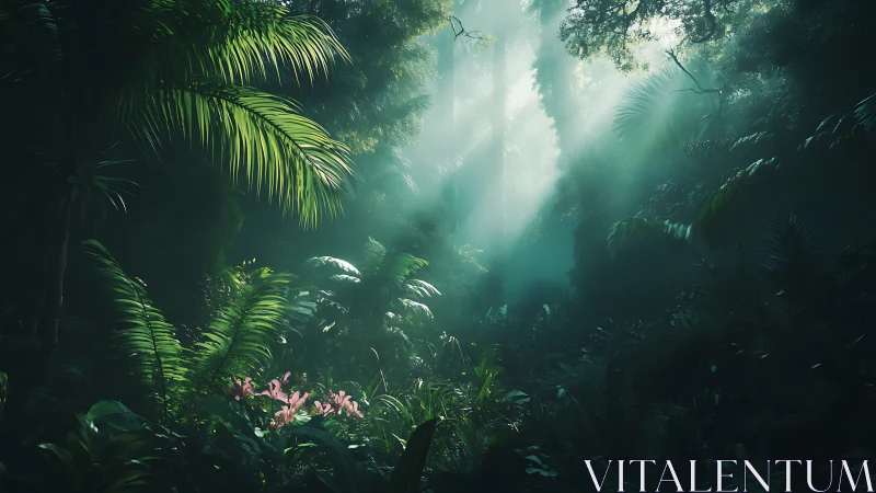 Tropical rainforest canopy with god rays filtering through lush vegetation