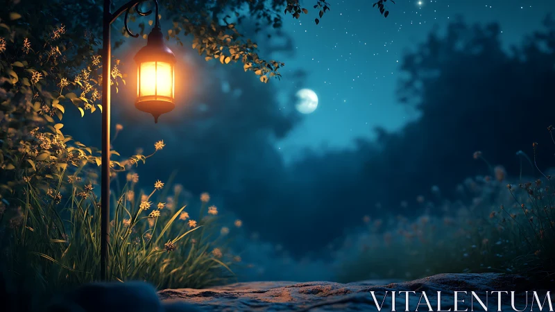 Warm lantern glow on moonlit forest path with bokeh night sky