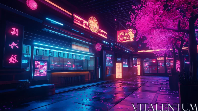 Neon alleyway glowing beside cyberpunk cherry blossoms.