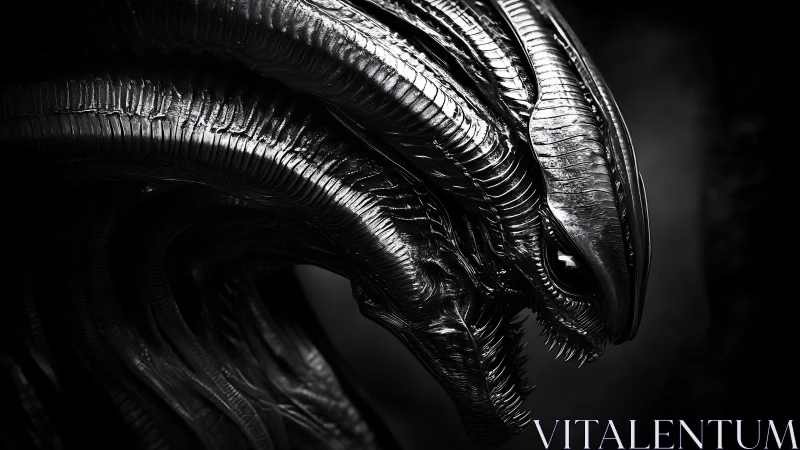 Midnight alien creature sculpted in glistening shadowed metal.