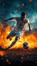 Explosive soccer striker charges forward through flames.