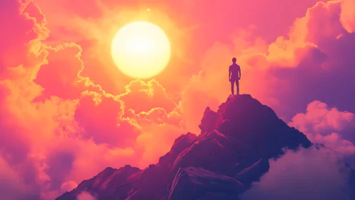 Sunlit summit moment with a dreamer above glowing clouds.