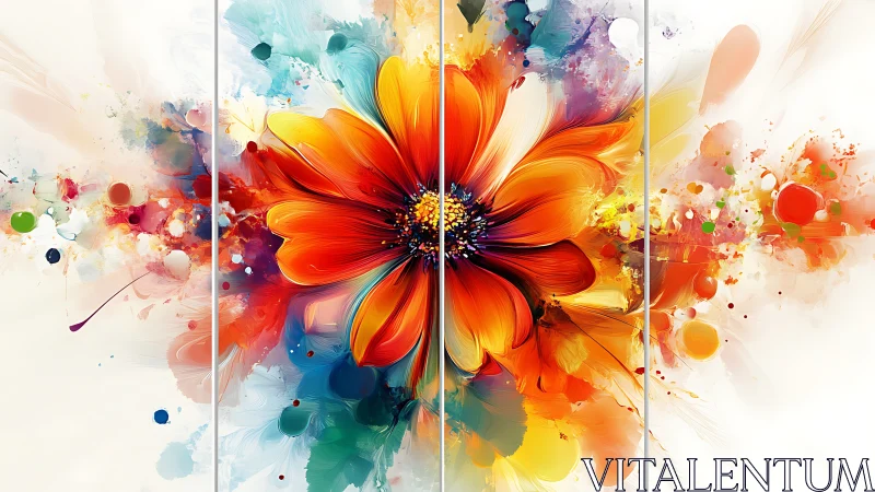 Vibrant orange flower with abstract multicolor paint bursts.
