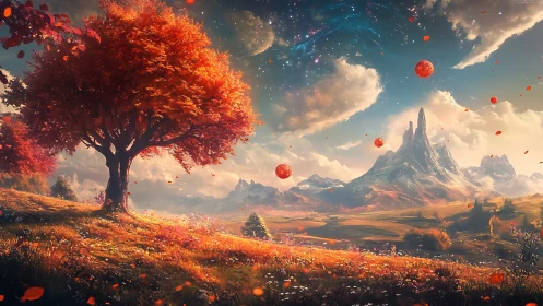 Autumnal alien valley with levitating orbs and spired massif