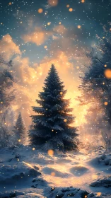 Snow covered pine tree in glowing winter forest sunset.