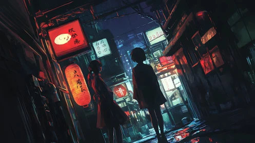 Neon alleyway silhouettes in rain-soaked Tokyo backstreet.