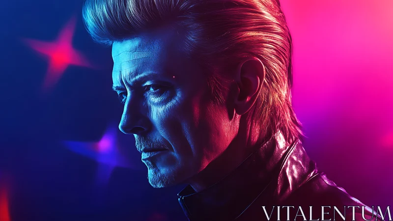 Side profile portrait of man in neon blue and magenta lighting