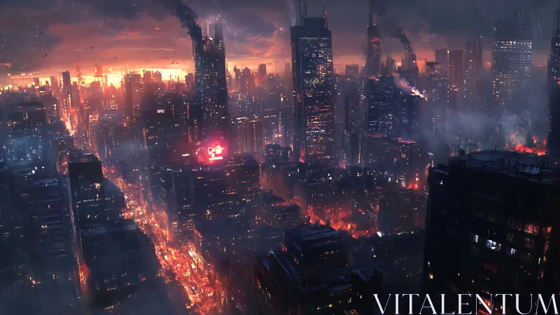 Distant viewpoint records dense cityscape under fire and rain