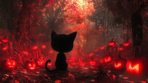Black Cat Silhouette in Jack-O-Lantern Forest.