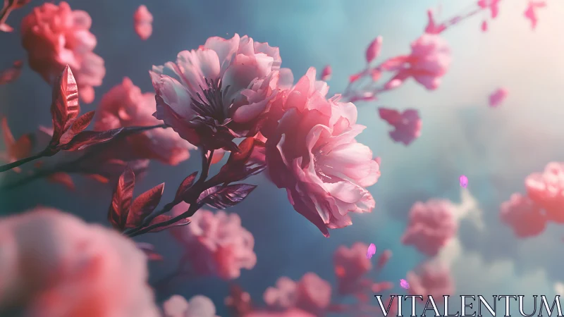 Pink Blooms Against Soft Blue Gradient Sky.