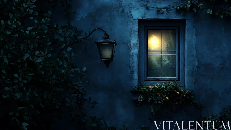 Moonlit cottage window glows softly against midnight blue.