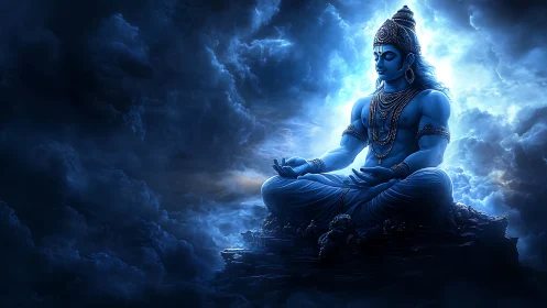 Skyborne blue deity in stormlit meditation above clouds.