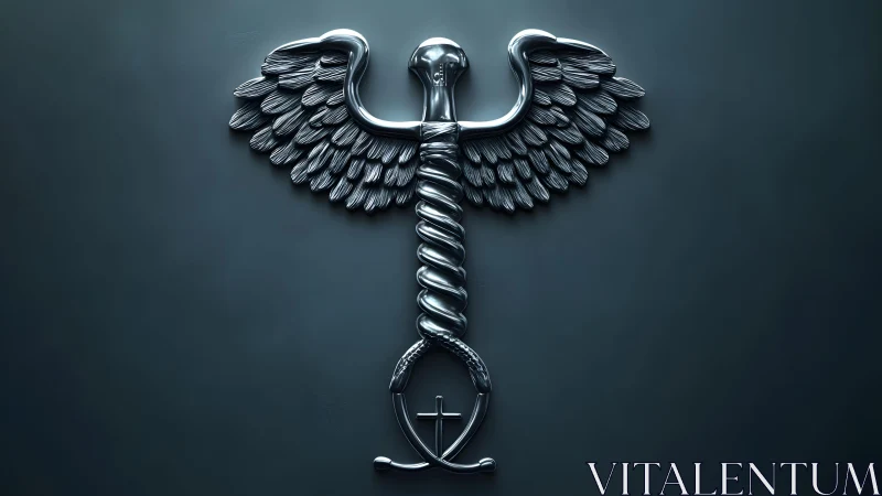 Metallic caduceus symbol with wings in modern 3D style.