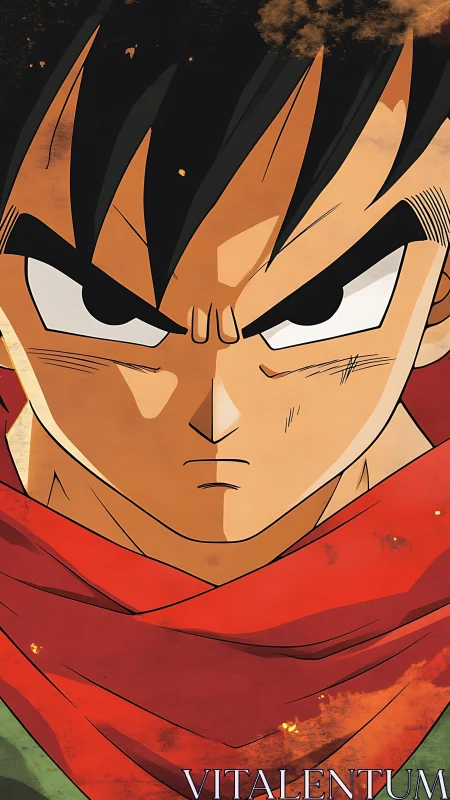 Intense anime warrior portrait in bold frontal close-up.