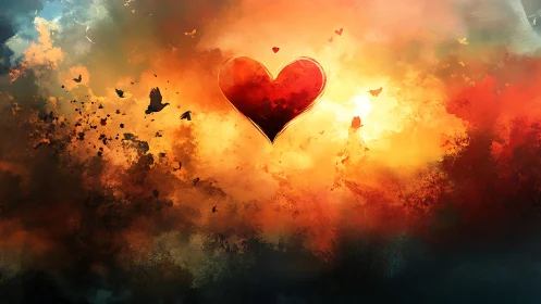 Red heart shape center frame surrounded by warm tones and dispersed particles