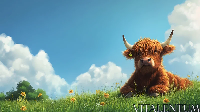 Highland cow resting on sunny wildflower meadow hillside.