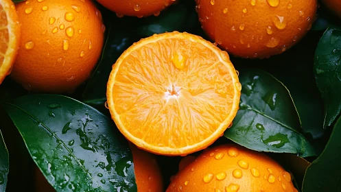 Juicy halved orange amid wet citrus leaves in macro view.