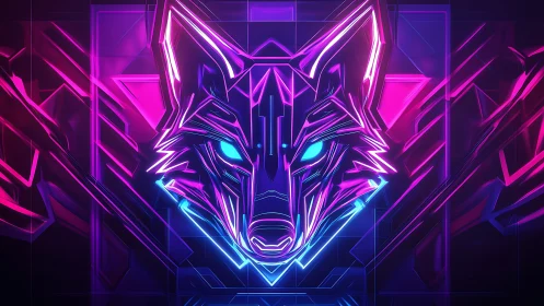 Neon cyber wolf head glows in vivid magenta and cyan light.