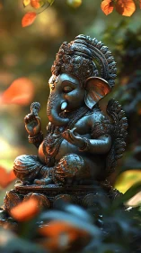 Forest-lit Ganesha idol glows with tranquil bronze radiance.