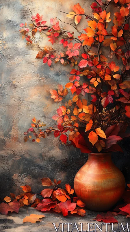 Autumn foliage arrangement in ceramic vase against textured wall.
