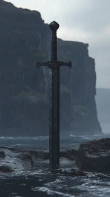 Weathered sword standing in stormy coastal tidepool.