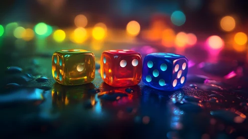 Translucent RGB dice on wet surface with neon bokeh glow.