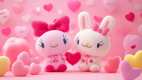 Two stylized bunny figures hold a heart amid pink props