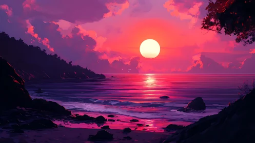 Coastal shoreline with stylized sunset over calm water.