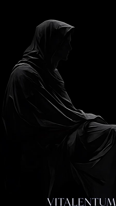 Shrouded figure rests quietly in soft, contemplative shadow